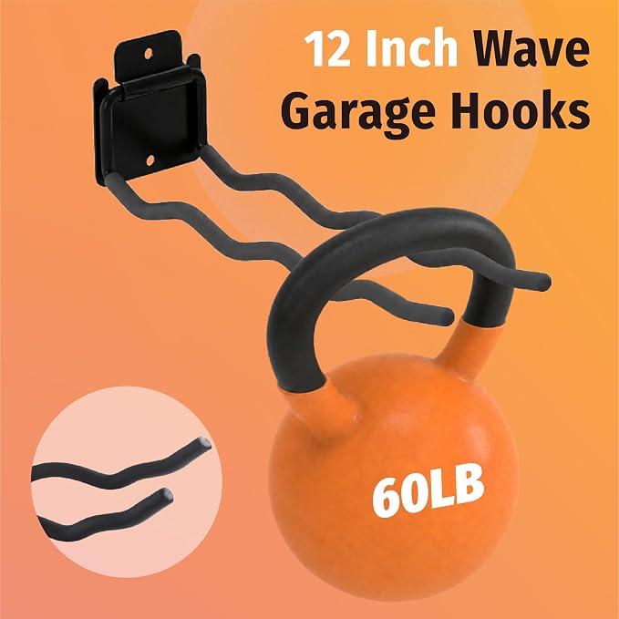 HUHOLE 4 Pack 12 Inch Wave Garage Hooks Wall Mount Hangers | Utility Organizer with 60 lb Capacity for Ladders, Shovels, Chairs, Garden Tools, Wheelbarrows, Hoses and Ropes