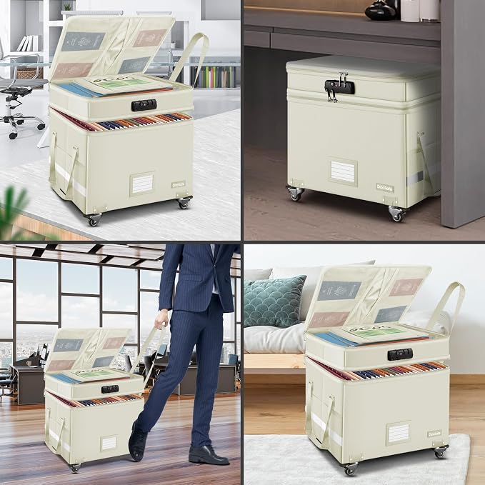 DocSafe Fireproof Document Box with Lock,2-Layer File Box with Wheels,Collapsible File Storage Organizer with Pockets,Large Portable Office Filing Cabinet for Hanging Folders,Beige,16''x13.8''x12.2''