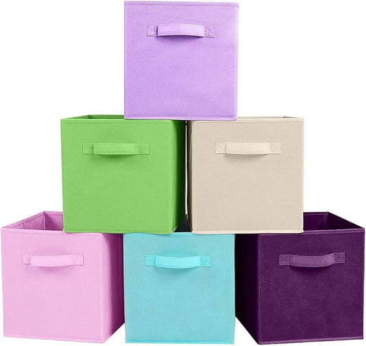 PowerKing Collapsible Storage Cubes, Farbic Storage Bins, 6 Colors, 6 Pack | Sturdy, Lightweight, Easy Pull Handle, Closet & Shelf Organizer, Clothes and Toys Storage, 10.5'' x 11'' x 10.5''