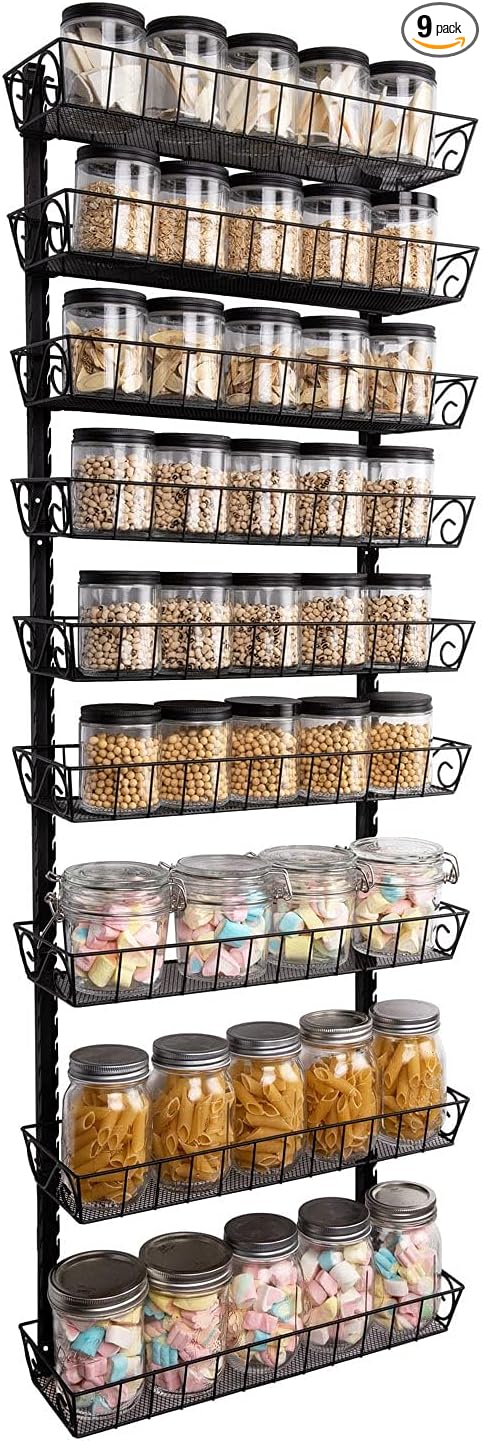 SWOMMOLY Wall Mount Spice Rack Organizer, 9-Tier Adjustable Dual-Use Shelf | Hanging Spice Rack Organizer, Kitchen Pantry Cabinet Storage Holder for Spices, Mason Jars, Bottles & Cans, Black