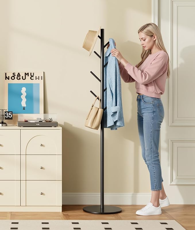 Coat Rack with 8 Hooks, 3 Adjustable Heights, Modern Hall Tree, Sturdy Metal Clothes Stand with Sintered Stone Base for Entryway, Office, Bedroom, for Coats, Hats, Handbags and Scarves, Black
