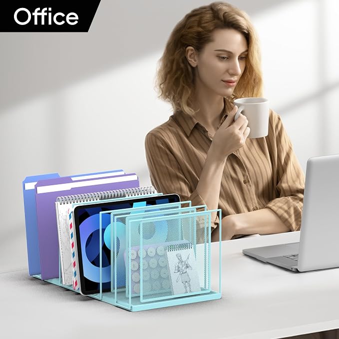 File Organizer for Desk, 7-Section Vertical File Sorter, Paper Holder Organizer Standing Metal File Folder for Office Home Classroom, Blue