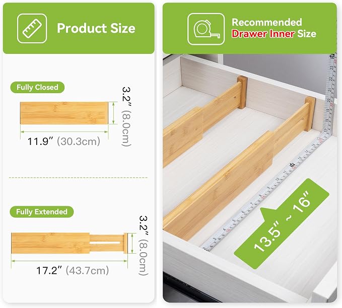 Utoplike Bamboo Dresser Drawer Dividers, Expandable Organizer for Clothing | Adjustable 3.2" High Drawers Separators for Kitchen, Bathroom, Bedroom, Office Storage, 4Pcs, Fit 13.5"-16" Inner Drawer