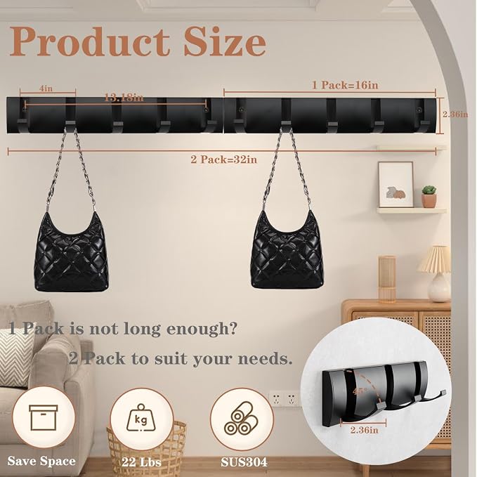 Folding Coat Hooks, Wall Mounted Coat Rack with 10 Retractable Hooks,Heavy Duty Towel Rack for Bathroom Wall Hook for Hanging Clothes Bathrobe, Stainless Steel Coat Hanger for Entryway(Black)