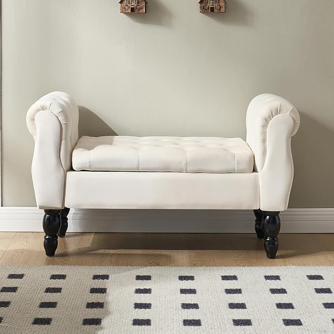 Storage Bench with Arms End of Bed Bench,Velvet Entryway Bench with Storage, Button Tufted Upholstered Ottoman Bench Wood Legs, Window Sitting Bench for Bedroom/Living Room/Hallway, Cream