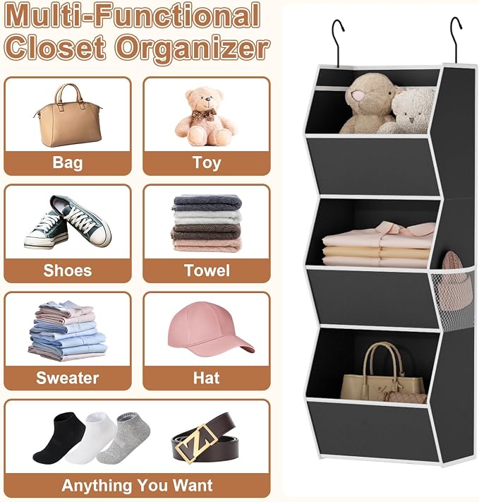 Hanging Closet Organizer 3 Shelf Collapsible Bedroom Closet Organizers and Storage Hanging with Mesh Pocket for Clothes, Closet Hanging Organizers and Storage for Fabric Wardrobe Space Saver, Black