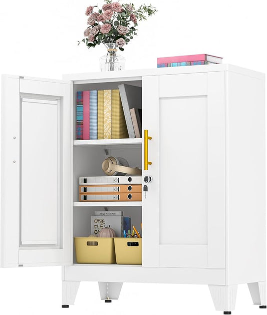 GAIOUS 36" Metal Floor Storage Cabinet, Locked Steel Storage Cabinets with 2 Doors and 2 Adjustable Shelves, White Kitchen Cabinet, Freestanding Cabinet for Home/Office/Garage/Tool Room/Bathroom