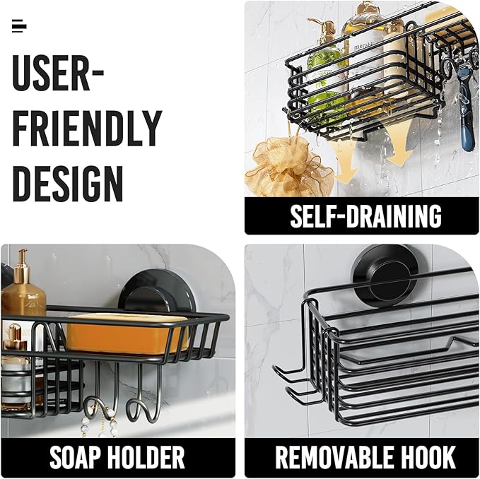 LEVERLOC Suction Cup Shower Caddy, Bathroom Shelf With Hook & Soap Holder | Black Shower Caddies, Soap Holder, No Drill Bathroom Caddy, Heavy Duty Shower Organizer, Removable Bathroom Shelf