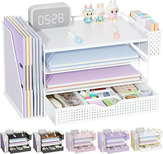 gianotter Wood Desk Organizers and Accessories with File Holder, 4-Tier Desk Accessories & Workspace Organizers with Drawer and Pen Holder, Desk Reference Organizer (White, 4T with Drawer)