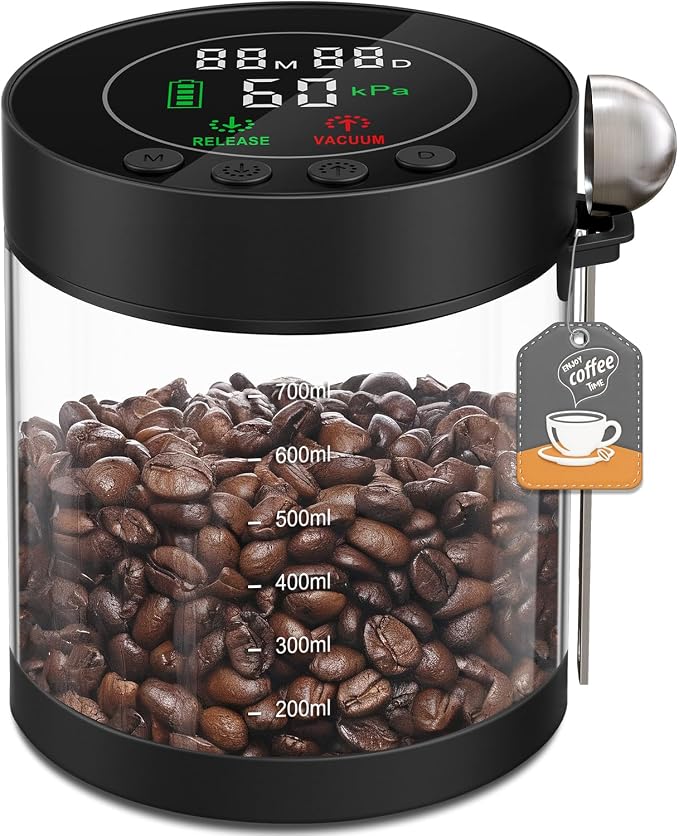 Automatic Vacuum Coffee Canister, 0.8L Coffee Container with LED Display | Smart Pressure Sensor,Window,Scoop Rechargeable Airtight Electric Coffee Bean Storage for Home Kitchen Ground Food Storage