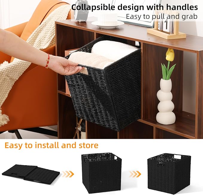 Set of 2 Hand-Woven Paper Rope Wicker Baskets, Storage Basket, Foldable Cube Storage Bins, Black Storage Cubes, Square Baskets for Organizing Shelves Decor, 12x12x12in