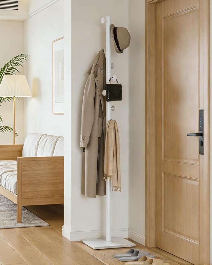 Coat Rack Freestanding, Clothing Rail with 8 Hooks, White | Small Standing Coat Hanger Stand with Heavy Rock Slab Base, Modern Metal Coat Tree with 8 Hooks for Bedroom, Office, Hallway