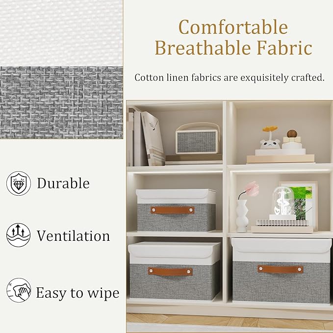 OUTBROS Collapsible Storage Boxes, 15x9.8x9.8 inch (White/Grey, 1-Pack) | Storage Cubes with Lid, Linen Fabric Wardrobe Baskets, Large Box For Towels, Clothes