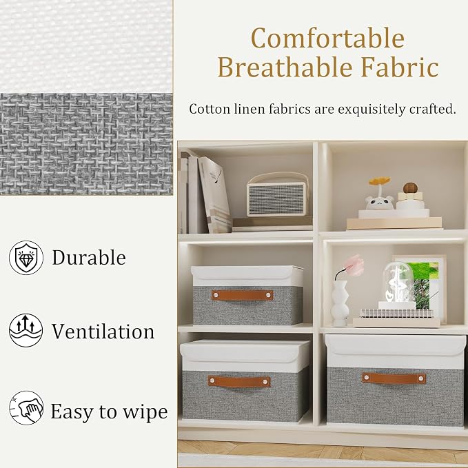 OUTBROS Foldable Storage Boxes, Large Linen Fabric, 15 x 9.8 x 9.8 inch, White/Grey, 3-Pack | Storage Cubes with Lid, Linen Fabric Wardrobe Baskets, Large Box For Towels, Clothes