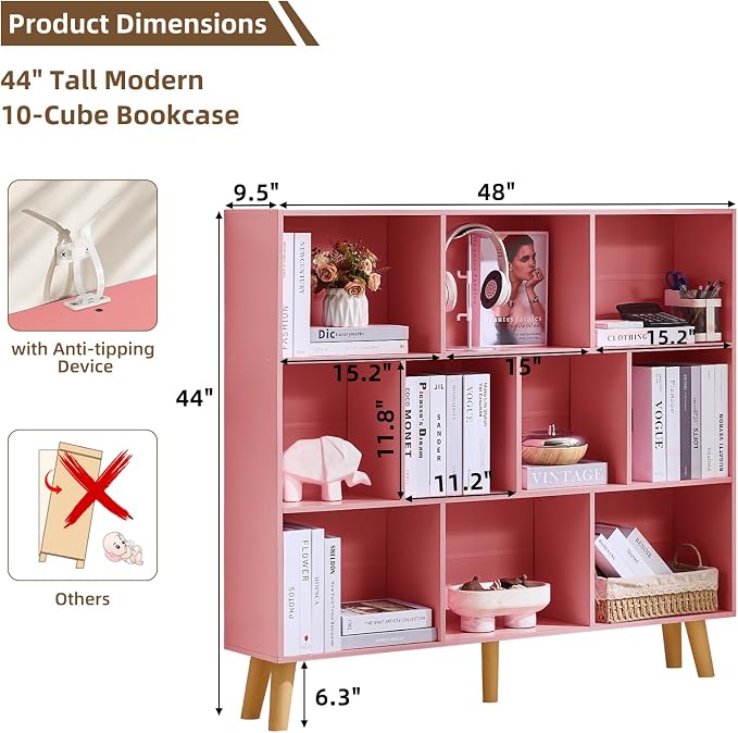 LEYAOYAO 10 Cube Bookshelf,Mid-Century Modern Bookcase with Legs,Light Pink | 3 Tier Book Shelf,Rustic Wood Bookshelves Freestanding Large Storage Organizer, Open Shelves for Bedroom, Living Room, Office