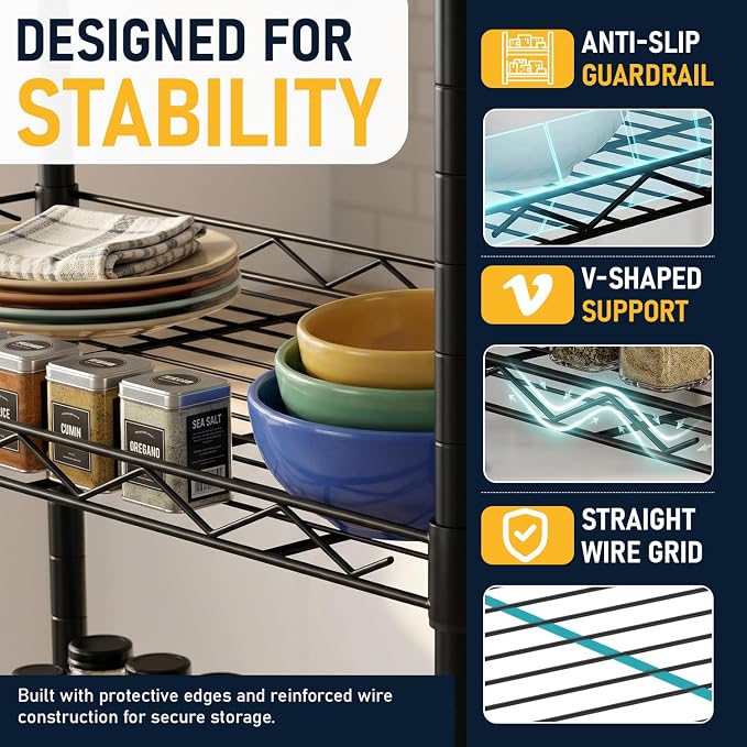 FDW 5 Tier 22L x 12W x 48H Pantry Shelves Adjustable Storage Rack Metal Shelf NSF Shelving Units for Kitchen Garage Small Places Commercial,Black