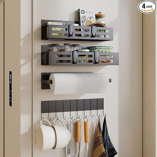 SETBAOO 4 Pack Magnetic Spice Rack for Refrigerator with 4-Hook Rack and Paper Towel Holder, Black Magnetic Shelf and Fridge Kitchen Cabinet Organizers Storage Seasoning Organization Mini Shelves.