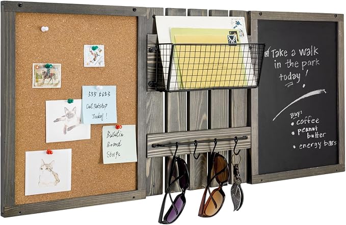 MyGift 3 Panel Gray Solid Wood Bulletin Board Set Chalkboard Cork Board | Wall Mounted Design, Mail Basket Storage, Hanging Rail, Entryway Command Center, Home Office Organization
