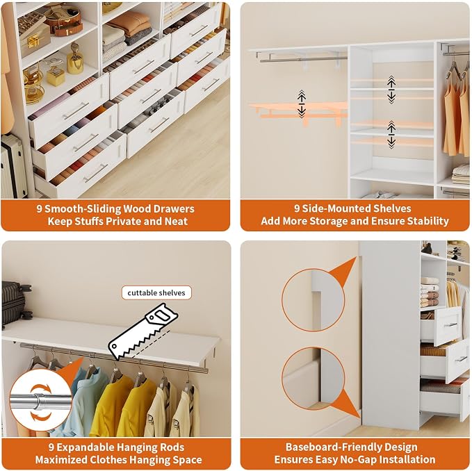 Closet System with 9 Drawers, 9-17FT Custom Closet Organizer System Wood with 9 Hanging Rods & Adjustable Shelves, Walk in Closet Organizer Shelving System, Modular Closet Systems Kits, 3 Sets, White