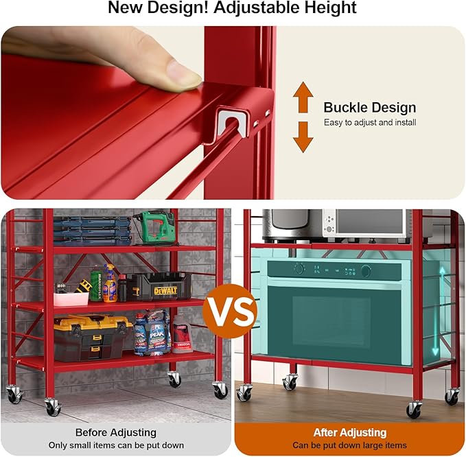 Himix 6-Tier Expandable Storage Shelves Wheels Foldable Shelf Garage Red | Folding shelving units, Metal collapsible organization, Changeable into 2 shelf units, Adjustable, Basement, Holds 3600 Ibs