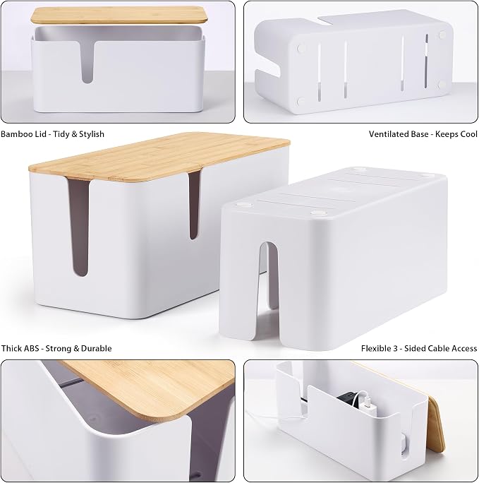 ZhiYo Large Cable Management Box, Thick ABS Power Strip Organizer, White | Extra-Tall Design for Oversized Adapters, Natural Bamboo Lid, Fits Power Strips Up to 12.5" Long, Ideal for Desks, TV Areas