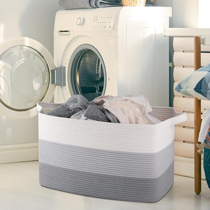 OIAHOMY Extra Large Blanket Basket, 110L Cotton Rope Woven Laundry Basket, Toy Bin for Baby Room, Container for Blanket Storage in Living Room, 24.8''×17.3''×15.8'', Gradient Grey