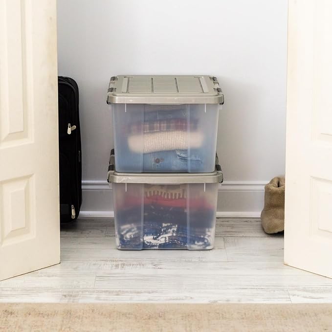 IRIS USA 2-Pack 44 Qt Storage Bins with Gasket Lids, Clear/Chrome | WeatherPro seal helps protect bulky items for moving, garage, attic and basement storage