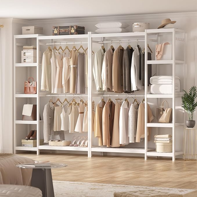 Bamboo Clothes Rack Garment Rack for Hanging Clothes, Heavy Duty Clothing Rack with 7 Tiers Adjustable Shelves, Double Rods, 4 Hooks, Freestanding Closet System Organizer Wardrobe, White