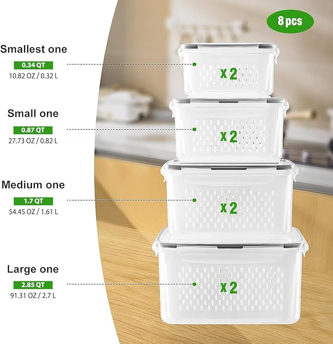 Freshmage Fruit Storage Containers for Fridge with Removable Colander 8 pcs | Airtight Food Storage Container Dishwasher Safe Produce Saver for Refrigerator Keep Berry Fruit Fresh Longer Small Clear
