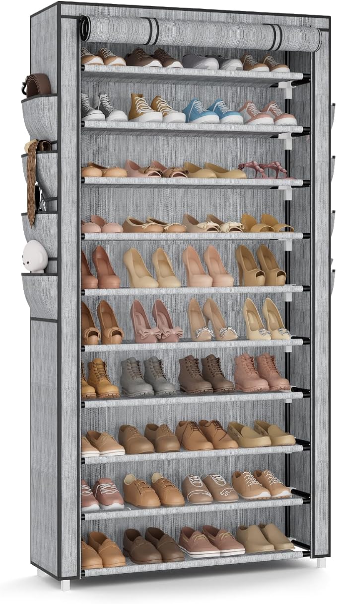 VTRIN Tall Shoe Rack with Cover, 10 Tier Shoe Organizer Storage for 50-55 Pairs Shoes and Boots Large Capacity Shoe Shelf with 8 Pockets Free Standing Shoe Rack for Closet, Entryway, Garage, Printing