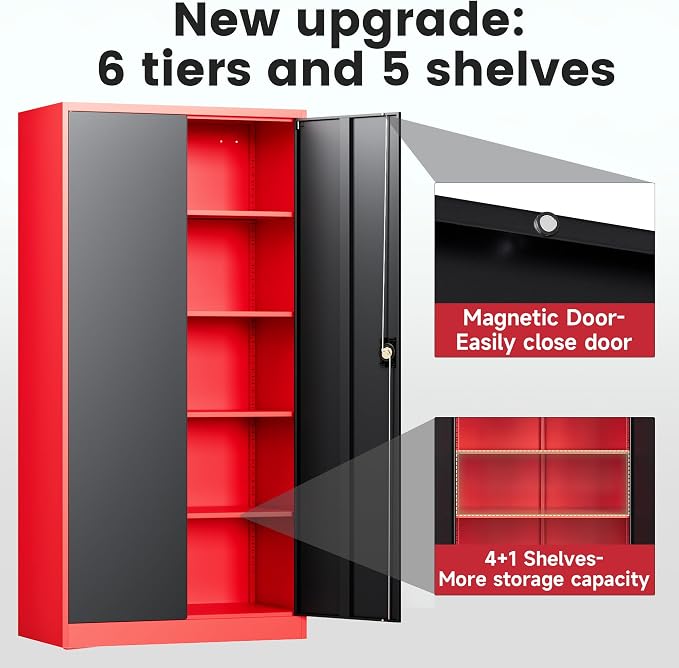 Letaya Metal Storage Cabinets with Lock, 71" Tall Locker Organizer Steel Cabinets, Adjustable Shelves 2 Doors for Home, Office, Warehouse,Garage,Industrial,Employee Lockers (Style B, Black Red)