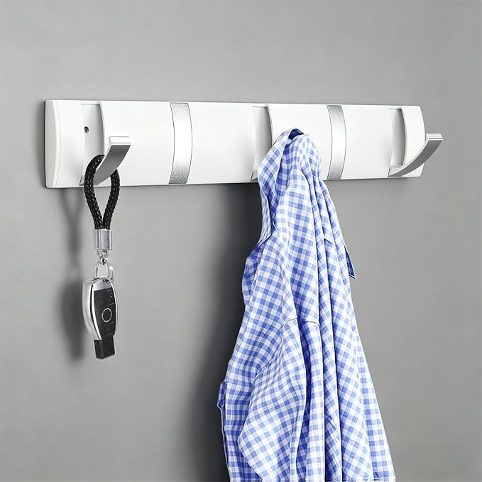 Folding Coat Hooks, Wall Mounted Coat Rack with 5 Retractable Hooks, Heavy Duty Towel Rack for Bathroom Wall Hook for Hanging Clothes, Stainless Steel Coat Hanger for Entryway(White/Sliver)