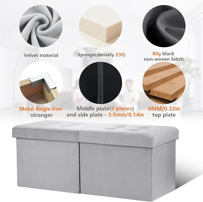 AmasSmile Footrest Ottoman Storage Bench, 34" Velvet Folding Stool, Grey | Large Ottoman with Storage, Thicker Foam Padded Seat, Livingroom, Dorm, Bedroom, Entryway, Easy to install, 34 x 13 x 13in