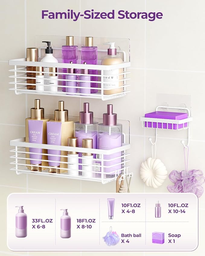 Shower Shelves Adhesive 3 Pack Stainless Steel Storage Organizers-White | No drilling wall mounted,rust-resistant,large capacity,quick drainage,easy to clean,suitable for bathrooms and kitchens
