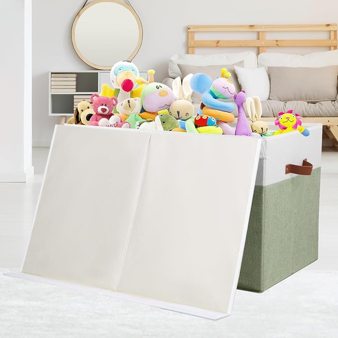 Large Toy Storage Box with Lid, Toy Chest Bin Boxes Basket with Dividers | Sturdy Toy Organizer Bin for Kids, Boys, Girls, Nursery, Living Room, Bedroom, Playroom 26"x17" x17" (Green and White)