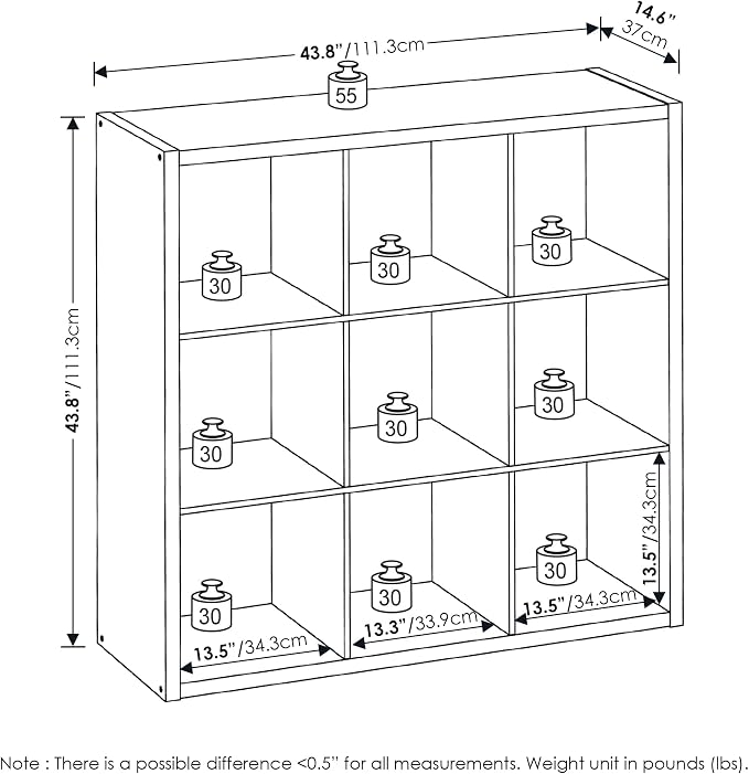 Furinno Cubicle 9-Cube Book Shelf, Extra Thick Frame Bookshelf, Amber Pine | 14.6" x 44" x 44", Reversible Bookcase with Open Back, for Living Room, Bedroom, Home Office