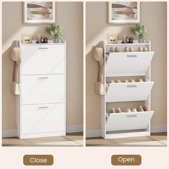 Slim Shoe Cabinet with 3 Flip Drawers,Narrow Shoe Rack 23.6" W White | Freestanding shoe storage cabinet for entryway,foyer and hallway,slim design and space-saving flip drawers