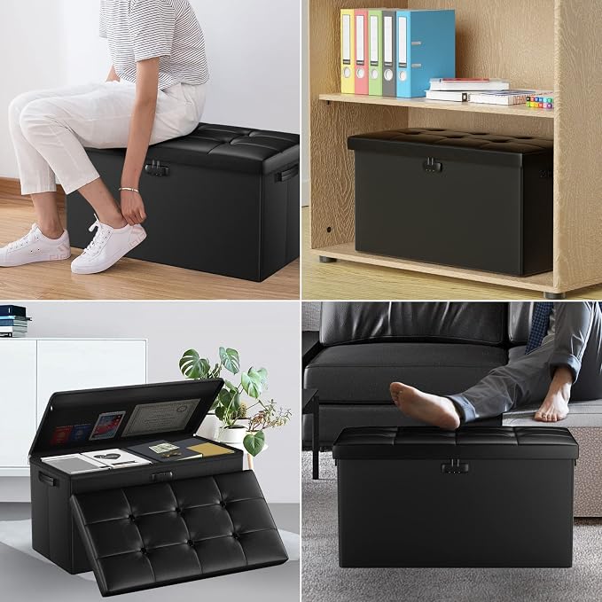 ENGPOW Storage Ottoman Bench,Fireproof Folding Bench with Lock,30 Inches Fire＆Water Resistant Storage Chest Foot Rest Stool Leather Bedroom Bench with Storage Safe for Document,Valuables,Black
