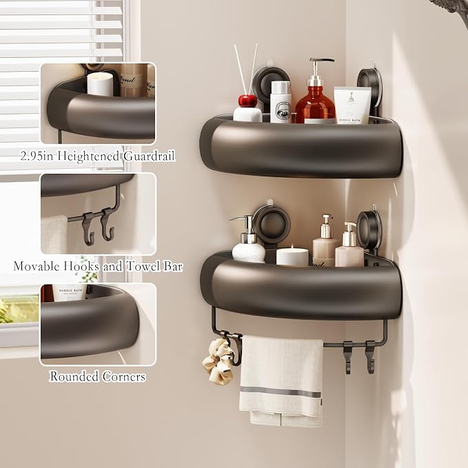 CICUFY Shower Caddy Suction Cup, 1 Pack No Drilling Corner Shower Shelves, Rust Proof Bathroom Storage Organizer, Shower Corner Caddy with Removable Hooks and Towel Bar, Triangle, Grey