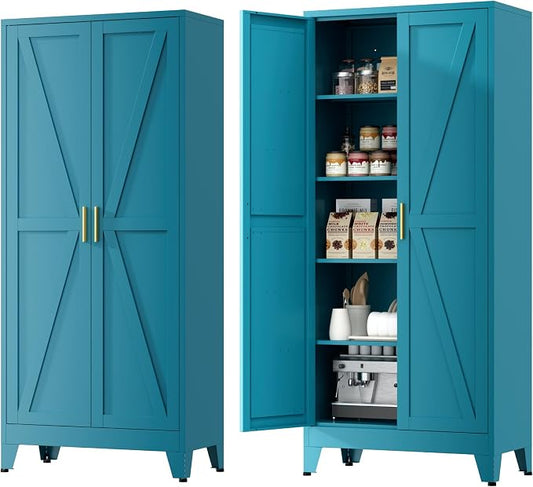 Farmhouse Pantry Cabinet with Barn Doors, 71" H x 31.5" W, 5-Tier Metal Storage Cabinet with 4 Adjustable Shelves for Kitchen Garage Dining Room,Blue 1 Pack