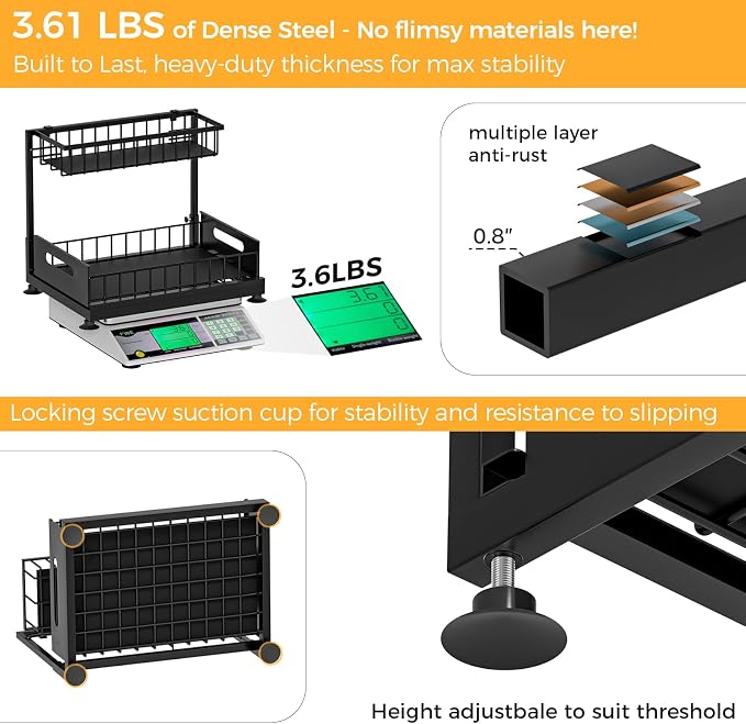 Saydear L-Shaped Under Sink Organizer, 2-Tier Pull-out Cabinet Rack 1-Pack | Black Height-Adjustable Steel Rack, Sliding Grid Drawers with PP Liners, Holds 100 Lbs, Suction Base, Ideal Kitchen Storage