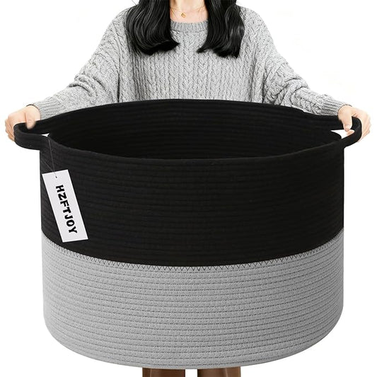 90L Large Blanket Basket,Woven Laundry Basket-Black&Light Grey | Collapsible, reinforced handles, nursery storage bin organizes clothes, toys and pillows for living room, bedroom bathroom