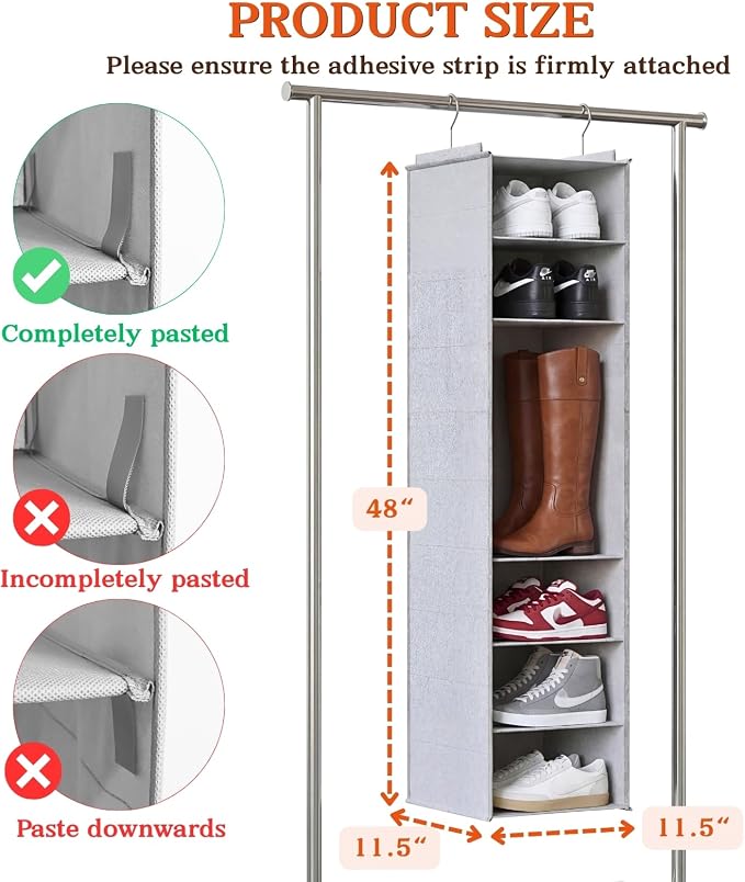 Hanging Shoe Organizer for Closet, 8 Tier Extra Wide Closet Shoe Organizer | Adjustable Shelf Height for Boots and Shoes, Heavy Duty Hanging Shoe Rack for Closet Rod, Space-Saving Shoe Storage Organizer