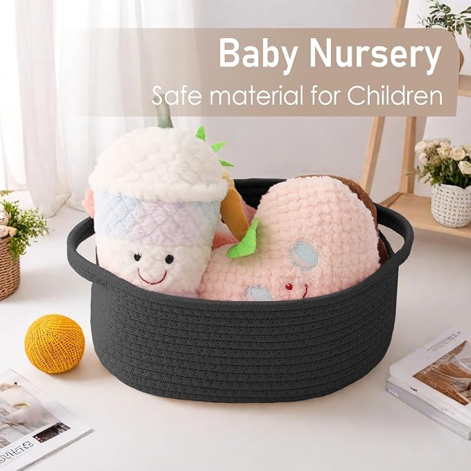 JMvicyroam Small Woven Basket, Empty Gift Basket, Black/1 Pack | Small Gift Basket, Cotton Rope, 12 x 8 x 24 in, Handles, Includes Ribbon and Bag, Birthday Gift Basket