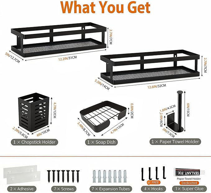 PUSDON 5-in-1 Shower Caddy & Kitchen Organizer Set, Wall Mount Wide Spice Rack with Paper Towel Holder, Utensil Holder, Soap Dish, Rustproof Mesh Baskets Hold 50LBS - Matte Black, Guardrail