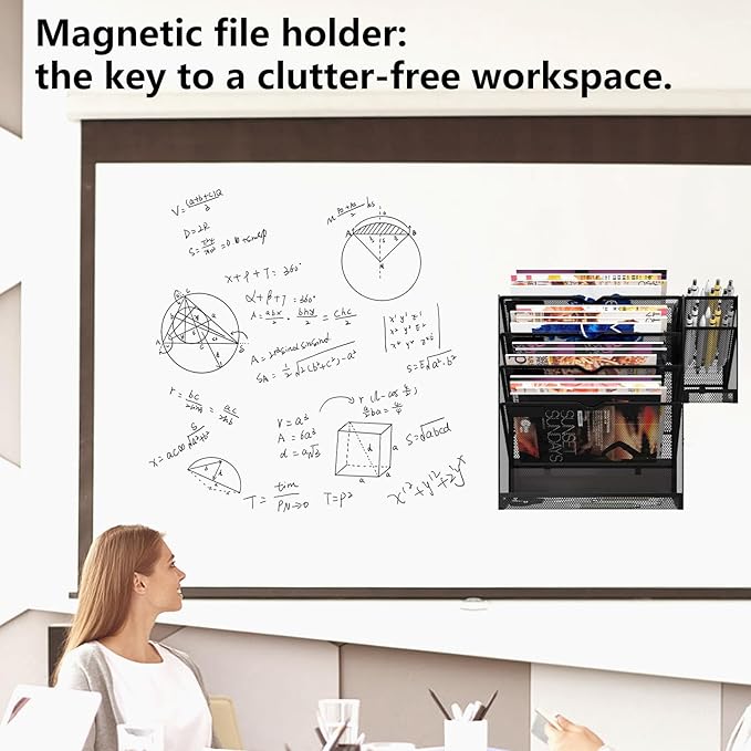 Magnetic File Holder, Magnetic File Organizer Wall Mount, 5 Tier Hanging Mail Organizer Folder Holder, Mesh Desk Accessories and Organizers, Paper Document Magazine Rack with 3 Pen Holder