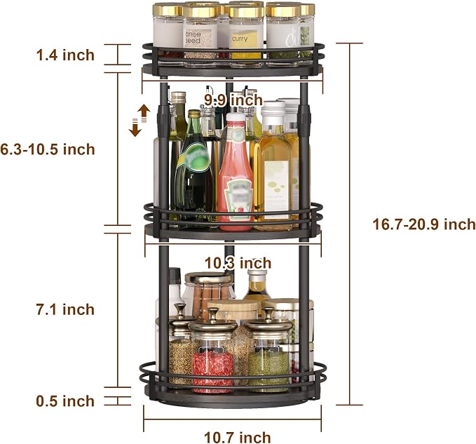 Across-star Lazy-Susan-Organizer-Spice-Rack, 3-Tier Rotating Spice Organizer for Cabinet Pantry, Seasoning Holder Shelf with Adjustable Height, Kitchen Counter Shelf Countertop Organzier