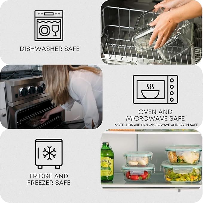 Razab 6 PC Square Glass Food Storage Containers with Airtight lids (74, 40 & 18 oz) Kitchen Glass Meal Prep Containers Set for Freezer Reusable Leftover Lunch Boxes, Oven, Microwave, Dishwasher Safe