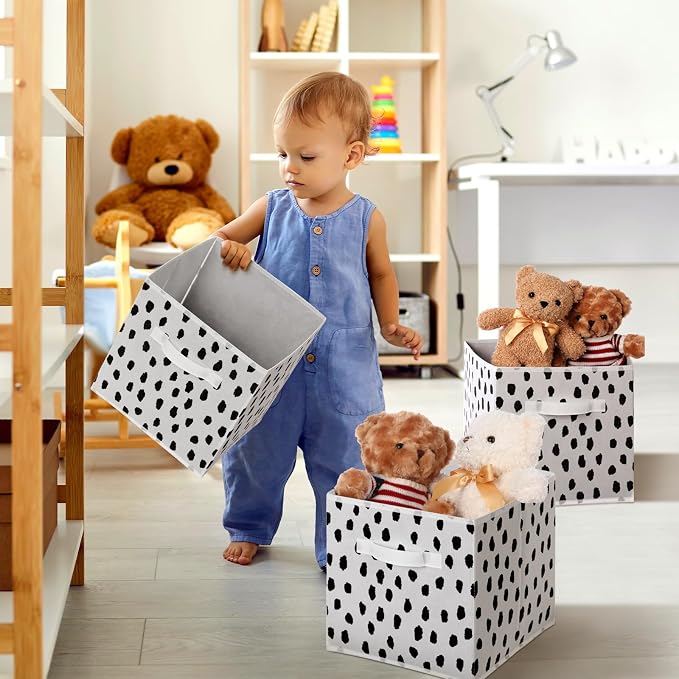6 Pcs 11 Inch Fabric Storage Cube Bin Foldable Woven Storage Cubes for Classroom Basket Bin Classroom Organizer with Handle Decor for Organizing Clothes, Toys, Books, Shelves(Polka Dots)