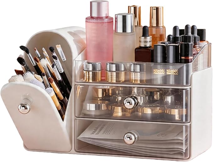 Makeup Organizer with Makeup Brush Holder, 2 Drawer, White | Vanity Desk Organizer with Brush Holder, Compact Countertop, Cosmetic Storage for Lipsticks, Perfumes, Eyeshadow Palettes